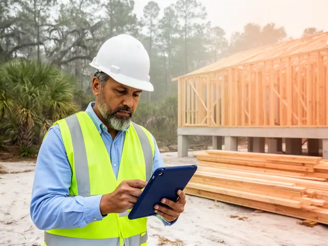 A bearded builder in a white hard hat and yellow-green vest reviews plans on a navy-cased tablet at a raised-house site.