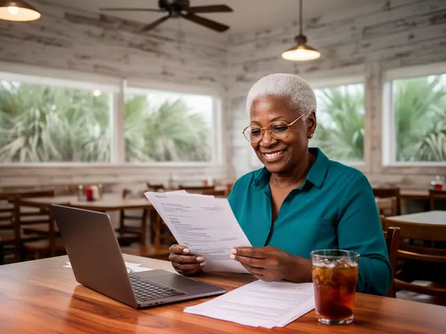 A smiling woman with short silver hair and gold glasses reviewing papers in a whitewashed seafood restaurant.