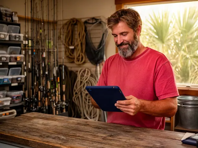 A smiling bearded man in a red t-shirt using a navy-cased tablet at a tackle shop counter.